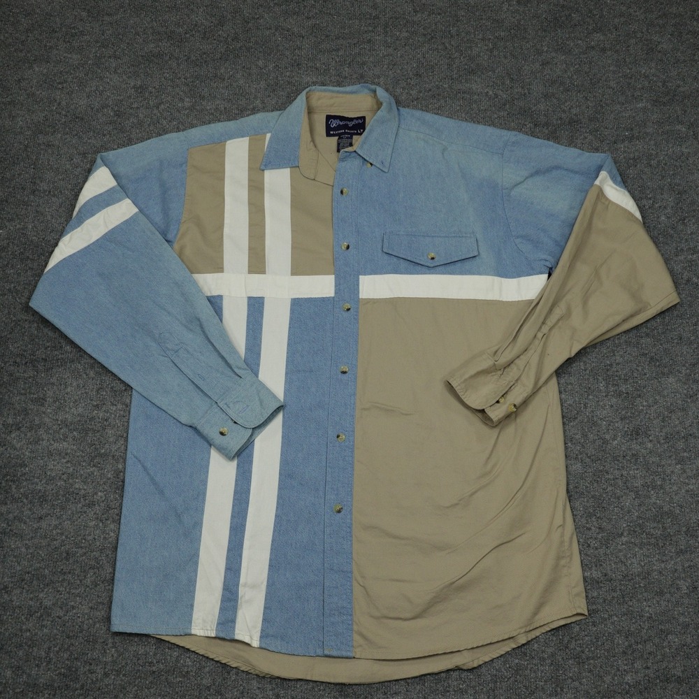 Wrangler Shirt Mens Large Tall Blue Colorblock Geometric Western Button Up